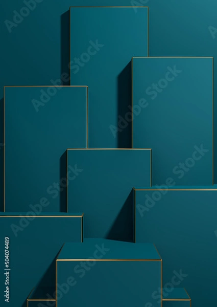 Fototapeta Dark teal, aqua blue 3D rendering simple, minimal, geometric background product display pedestal golden lines for luxury products wallpaper template for product advertising