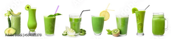 Obraz Set of healthy green juices on white background