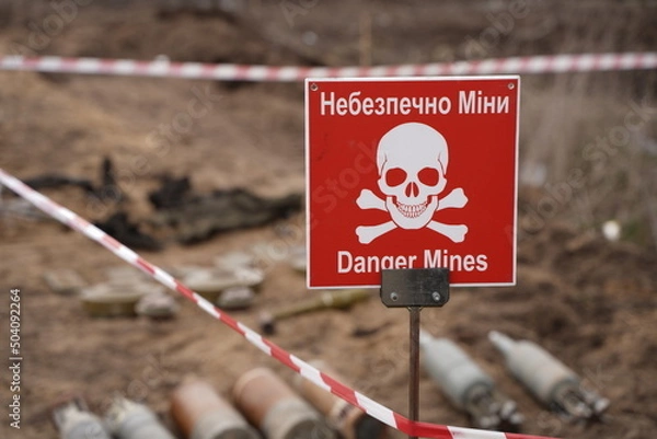 Fototapeta Demining by troops of the territory. Many mines, shells, artillery, grenades, fragmentation grenades.
