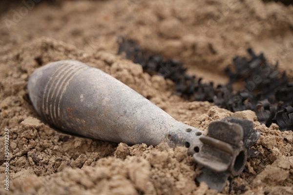 Fototapeta Demining by troops of the territory. Many mines, shells, artillery, grenades, fragmentation grenades.