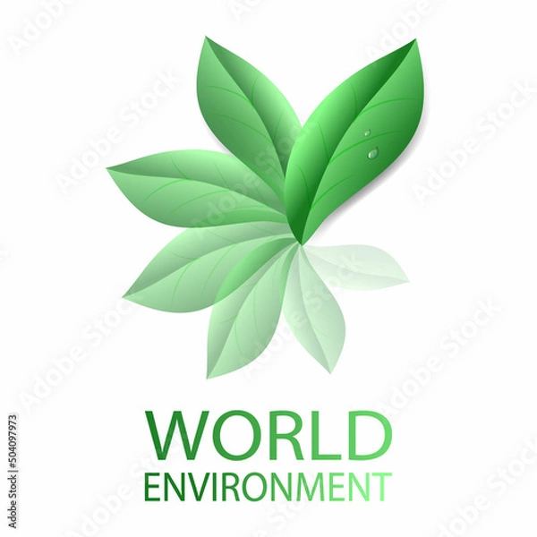 Obraz Environmental Concept. Dimensional green leaves in the shape of a flower. A drop of clean water. Care of nature. Realistic vector illustration. World Environment Day.