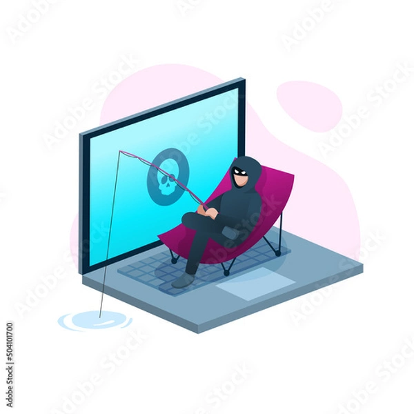 Fototapeta Hacker fishing and sit on sling chair, cyber crime and phishing scam concept, vector illustration