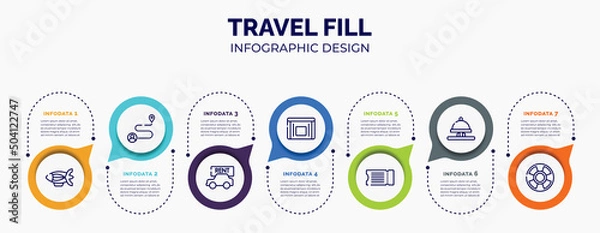 Obraz infographic for travel fill concept. vector infographic template with icons and 7 option or steps. included blimp, journey, rent a car, sick bag, fly ticket, hotel bell ringing, life bouy for