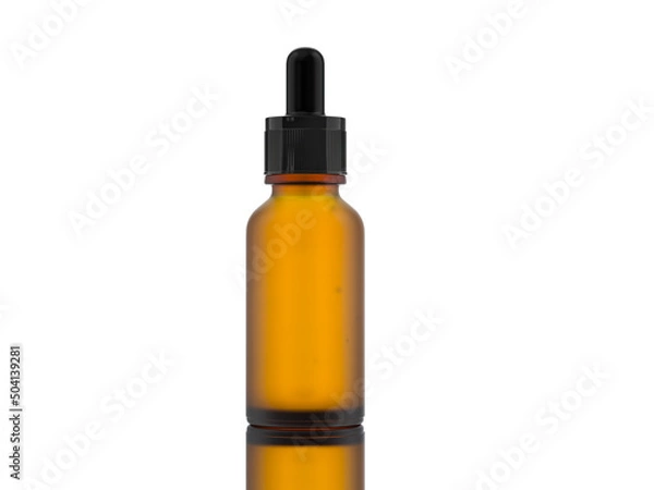 Fototapeta 30 ml. Skincare or cosmetic container, rough brown glass bottle with black dropper, straight front view on white background.
