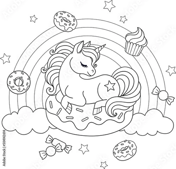 Fototapeta Cute unicorn sitting on a donut. Vector outline for coloring
