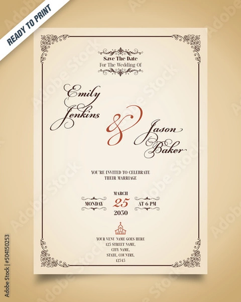 Obraz Clean look vintage bordered wedding invitation card vector template