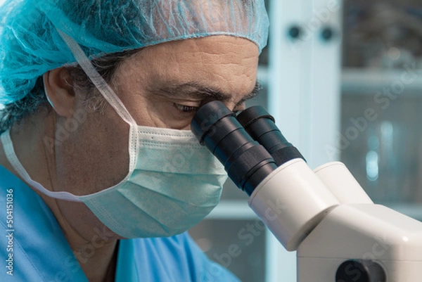 Fototapeta senior scientist looking through the microscope