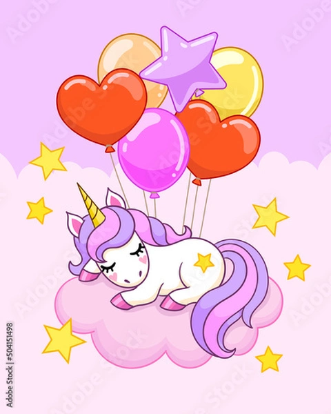 Fototapeta Little unicorn sleeping on cloud with balloons. Vector illustration
