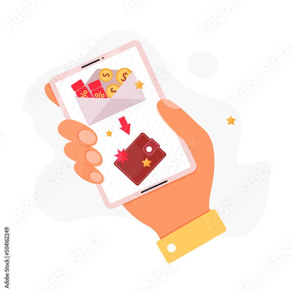 Fototapeta Customer loyalty program concept illustration. Hand is holding a smartphone with loyalty program application. Vector flat illustration.