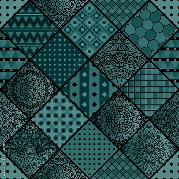 Fototapeta Patchwork in dark colors with geometric and mandala patterns. Vector design.
