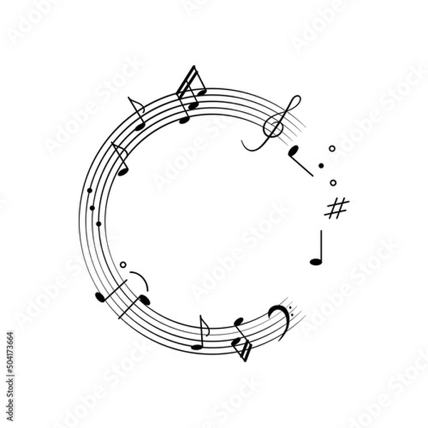 Fototapeta Music background doodle notes as round frame. Vector illustration with melody symbols, musical notes, treble clef in black on a white background for design decoration.