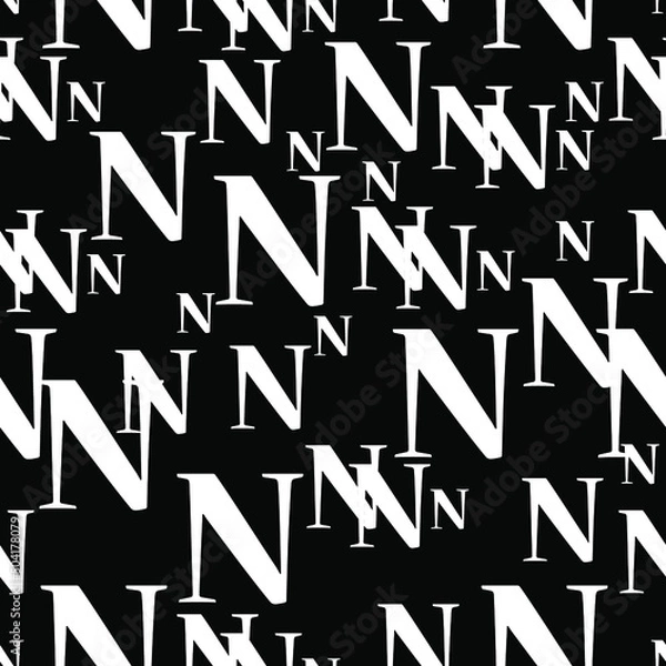 Fototapeta vector seamless texture with white letters on a trendy isolated black background, black geometric pattern with white letters