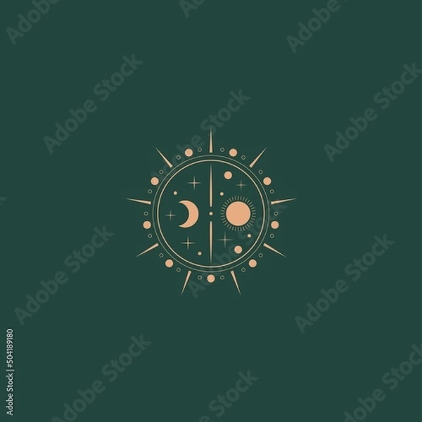 Fototapeta Moon, sun, stars. Geometric, linear art style. Trendy Vector illustration. Isolated round icon. Boho, esoteric, witchcraft, alchemy, mystic, abstract concept. Logo, avatar, poster, print template