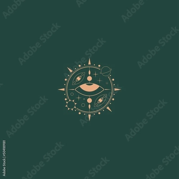 Fototapeta Sun, planet, stars, evil eye. Geometric, linear style. Vector illustration. Isolated round icon. Boho, esoteric, witchcraft, alchemy, mystic, abstract concept. Logo, avatar, poster, print template