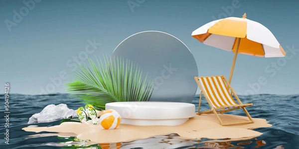 Fototapeta summer background 3d product display platform scene with surfboard platform. sky cloud summer background 3d render on the ocean display. podium on sand beach cosmetic product display stand