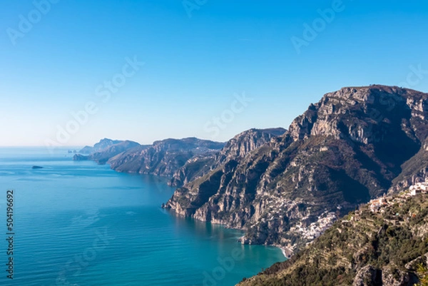 Fototapeta Panoramic view from hiking trail Path of Gods between coastal towns Positano and Praiano. Trekking in Lattari Mountains, Apennines, Amalfi Coast, Campania, Italy, Europe. Coastline Mediterranean Sea