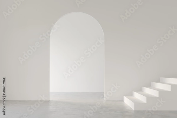 Fototapeta 3D render empty white room with arch door wall design and concrete floor, corridor with stair, perspective of minimal design. Illustration