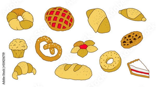 Obraz Bakery set different buns cartoon isolated illustrations