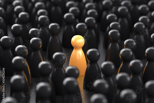 Fototapeta Yellow game pawn among dark ones. Standing out of crowd concept