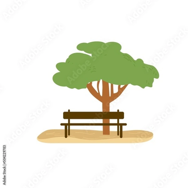 Fototapeta Vector cartoon flat tree and bench on empty background-scenery of ecological organic urban green space for people recreation,city park elements concept,web online banner,ad,site design