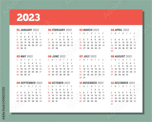 Fototapeta Calendar for 2023 year. Stationery design. Week starts on Sunday.