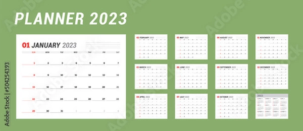 Fototapeta Calendar set for 2023 year. Stationery design. Week starts on Sunday.