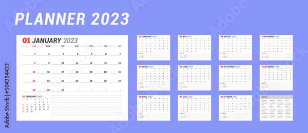 Fototapeta Calendar set for 2023 year. Stationery design. Week starts on Sunday.