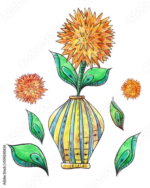 Obraz Watercolor illustration with a bouquet of flowers in vase. Colorful picture for design. Hand drawing.