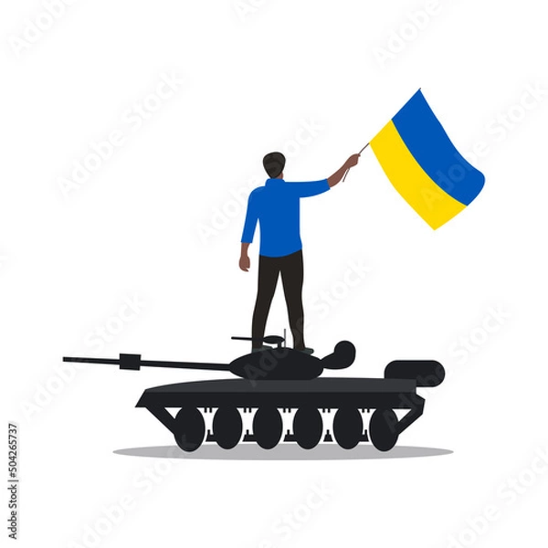 Obraz A man Protesting War In ukraine on holding flag Top of the tank