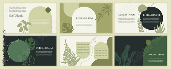 Fototapeta Set of abstract natural templates for presentation. Green leaves and plants. Horizontal banners. Vector flat illustrations. EPS 10. Organic cosmetic
