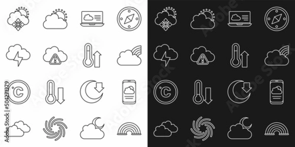 Fototapeta Set line Rainbow, Weather forecast, with clouds, Storm warning, Cloud snow and sun and Meteorology thermometer icon. Vector