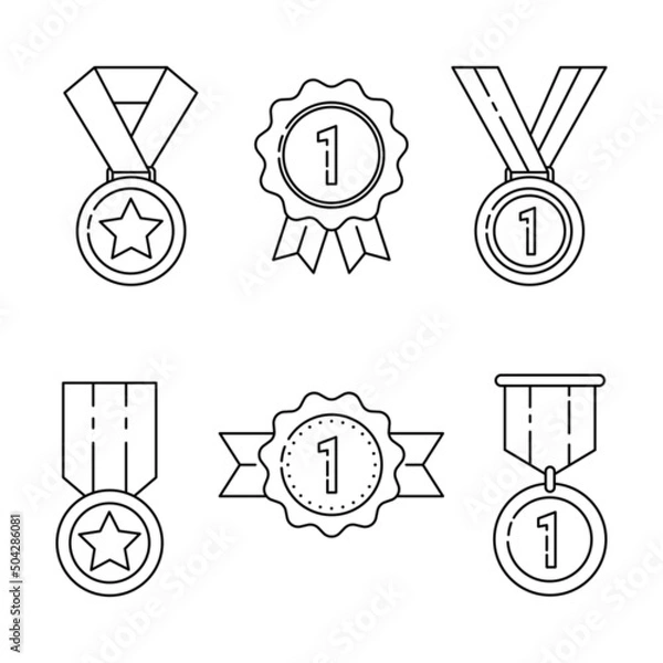 Fototapeta Outlined vector illustration of medal award collection. Suitable for design element of award prize, winner achievement, and the best badge label.