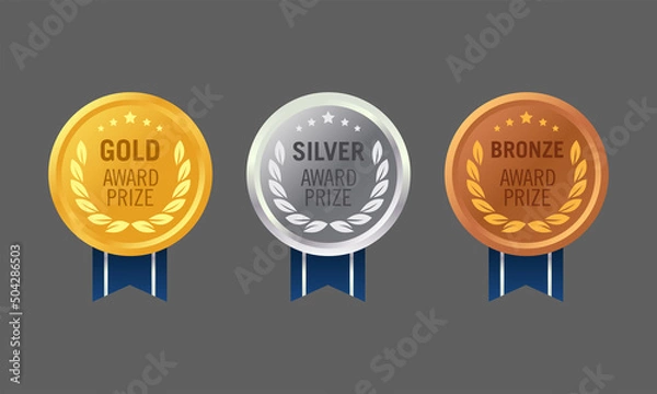 Fototapeta Vector illustration of gold, silver, and bronze medal. Suitable for design element of realistic award medal prize, best category achievement, and product warranty label template.