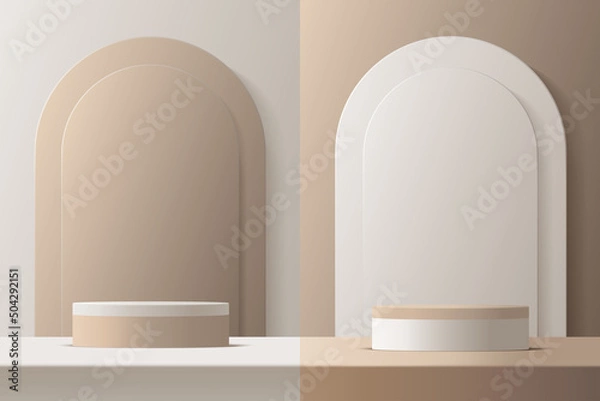 Fototapeta Product podium mockup with abstract background on beige and white background,vector 3d illustration