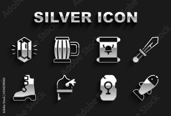 Fototapeta Set Viking in horned helmet, Medieval sword, Fish, Magic rune, Ancient viking boots, Decree, parchment, scroll, Gem stone and Wooden beer mug icon. Vector