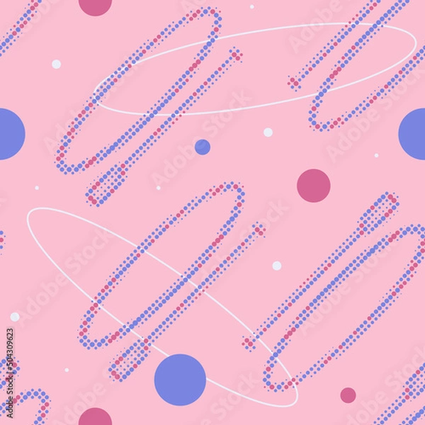 Fototapeta Seamless pattern with SUP board and standing paddle made up of dots. Endless vector sports label. SUP in flat design style in pink, lilac and purple colors.