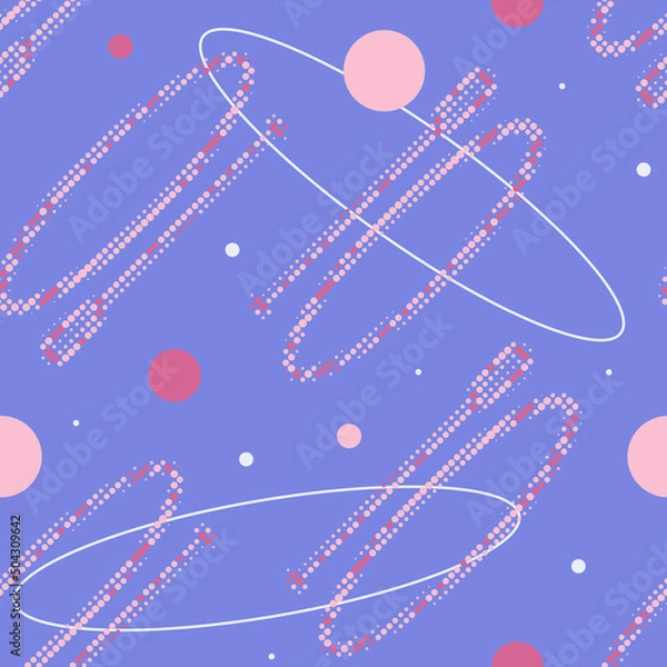 Fototapeta Seamless pattern with SUP board and standing paddle made up of dots. Endless vector sports label. SUP in flat design style in pink, lilac and purple colors.