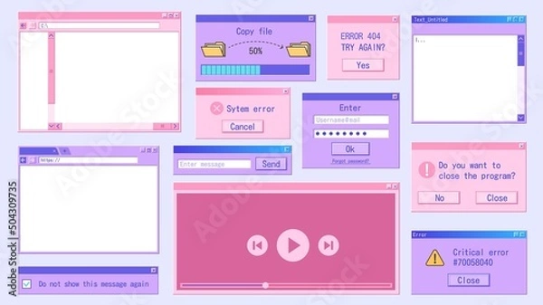 Obraz Retro computer window. Retrowave internet browser, frame folder, pop-up message 90s design. Vector old software UI set