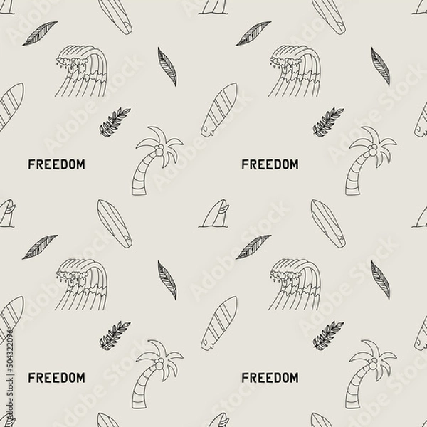 Obraz Seamless pattern with elements for surfing. Palm trees, waves and surf boards in the doodle style. Print for textiles, clothing, packaging paper.