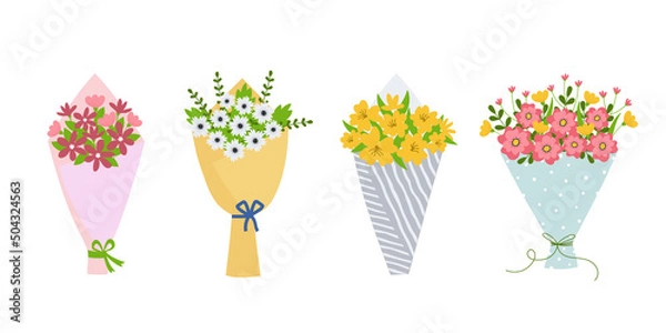 Obraz Set of bouquets with blooming flowers wrapped in craft paper. Florist composition for holiday celebration. Design element for greeting card, invitation, stickers, postcard, poster, print