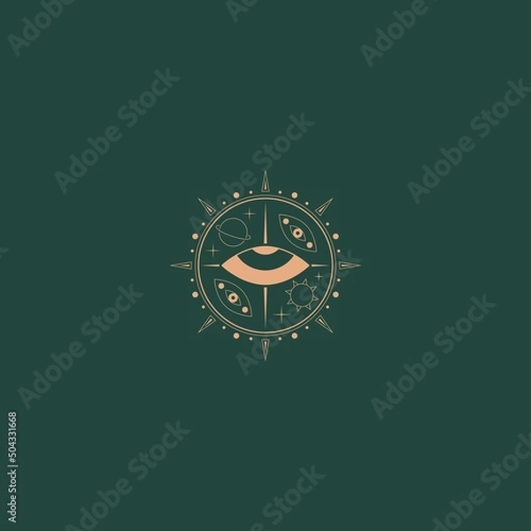 Fototapeta Sun, planet, stars, evil eye. Geometric, linear style. Vector illustration. Isolated round icon. Boho, esoteric, witchcraft, alchemy, mystic, abstract concept. Logo, avatar, poster, print template