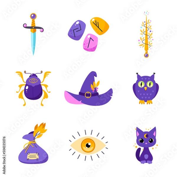 Fototapeta Magic icon set. Cartoon illustration of occult objects such as runestones, witch hat, magic wand, dagger, cat, owl, beetle and bag of herbs isolated on a white background. Vector 10 EPS.