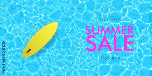 Obraz Summer sale colorful banner background. Top view of surfing board floating on water in a sunny day. Vector Illustration.