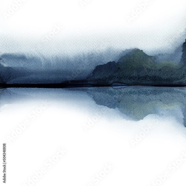 Obraz Abstract landscape watercolor. Traditional Japanese ink wash painting. Silhouette of the mountains of lake. Gray shades. Atmospheric calm moment. Space for text, cards, web.