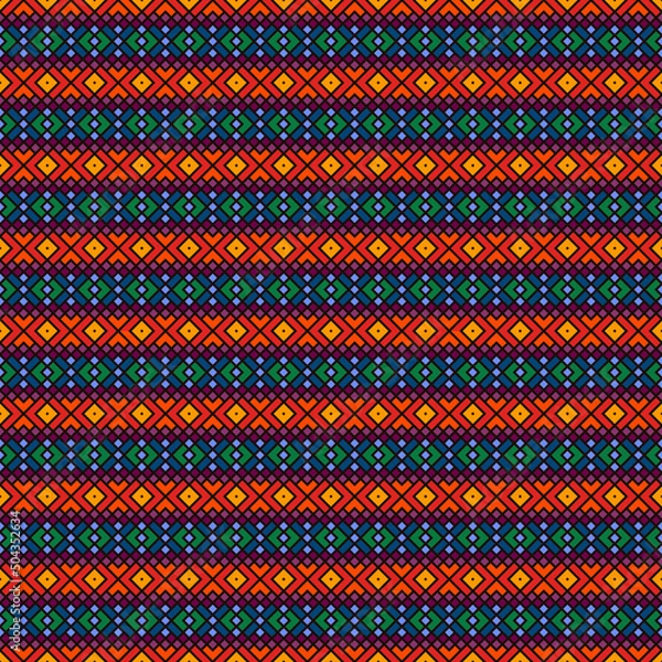 Fototapeta Ethnic, tribal seamless surface pattern. Embroidery ornament. Folk background. Repeated geometric symbols motif. Folkloric wallpaper. Delicate digital paper, textile print. Vector art / illustration