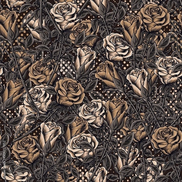 Fototapeta Camouflage brown pattern with lush blooming roses with stems, leaves, round halftone shapes. Dense composition with overlapping elements. Good for womans apparel, fabric, textile, sport goods.