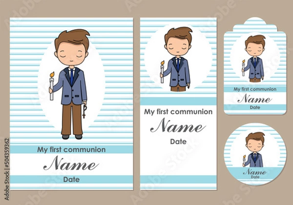 Obraz First communion card, bookmark, label and sticker set for children	