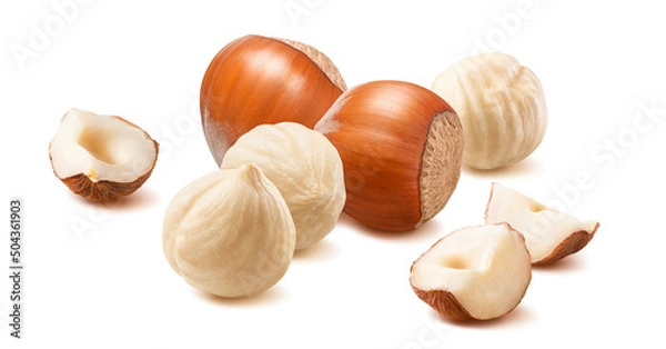 Fototapeta Scattered hazelnut isolated on white background