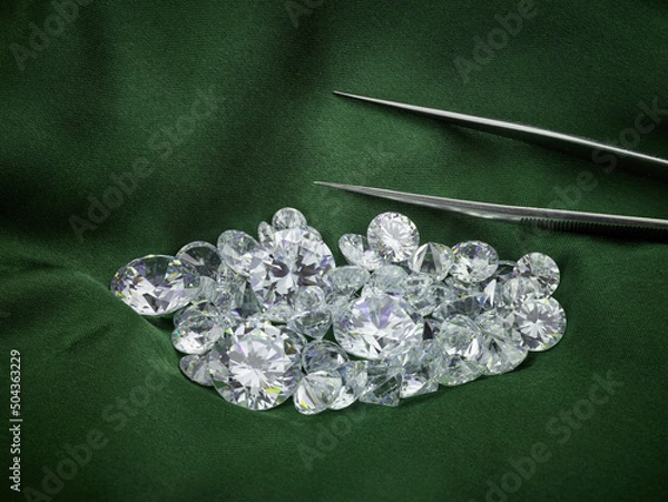 Obraz Loose Diamond Parcel on Green Silk Background. Luxury Diamond Photograph. Ethical Eco-Friendly Green Diamonds. 