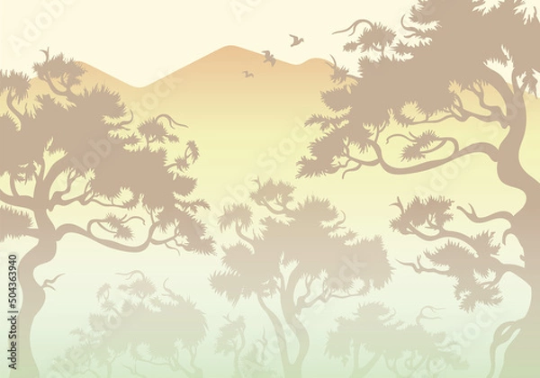 Fototapeta Morning wood panorama, pine trees and mountains silhouettes. Vector forest hiking background. Landscape in pastel colors trees in the fog. Forest in the fog against the backdrop of mountains
